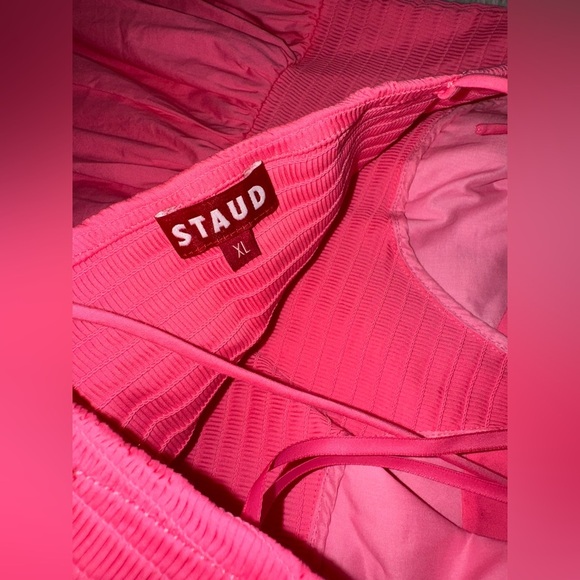 NWOT STAUD Landry Shoulder-Tie Smocked Cotton Maxi Pink  Dress sz XL - Picture 4 of 6